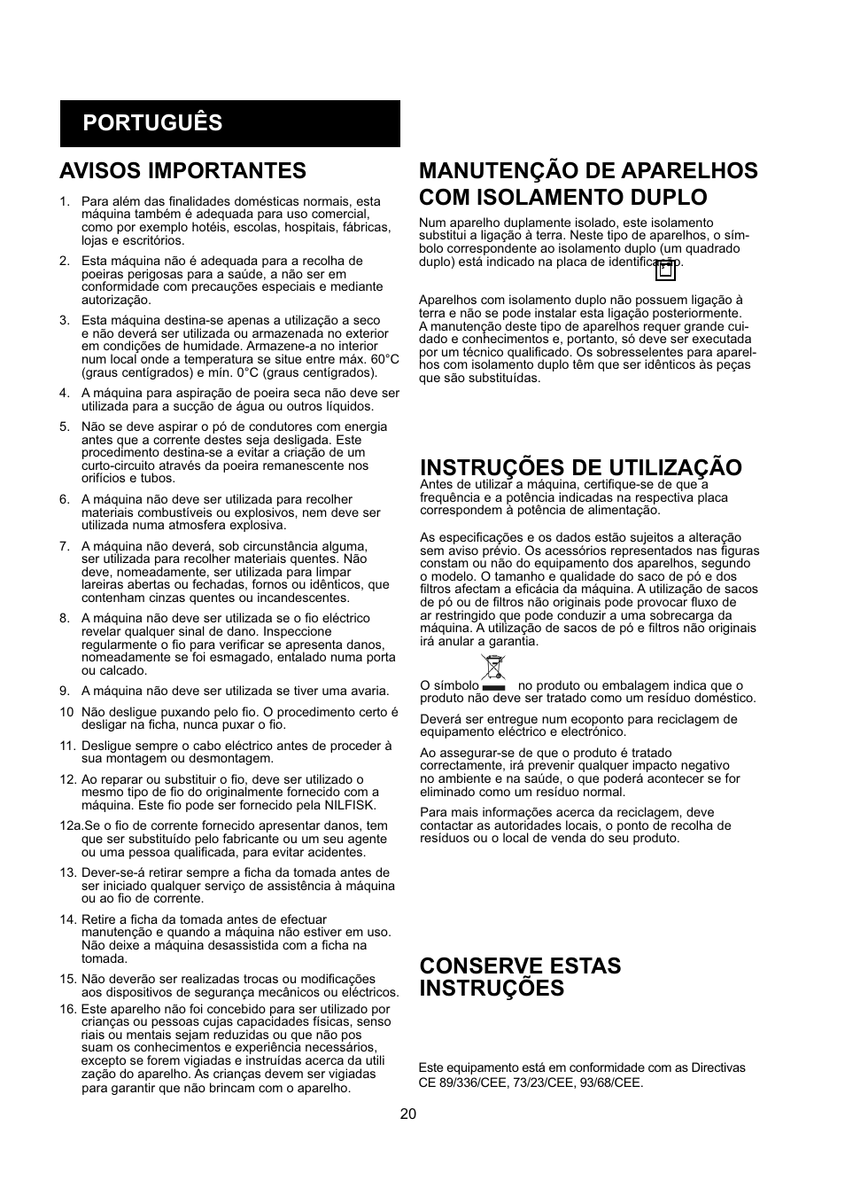 Português instruções de utilização, Conserve estas instruções | Nilfisk-ALTO GD 5 Back User Manual | Page 20 / 62