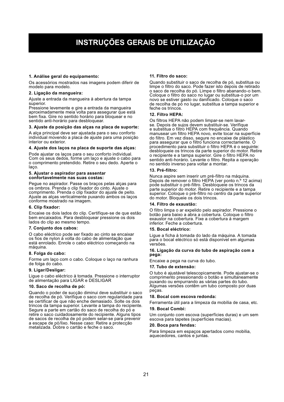Instruções gerais de utilização | Nilfisk-ALTO GD 5 Back User Manual | Page 21 / 62