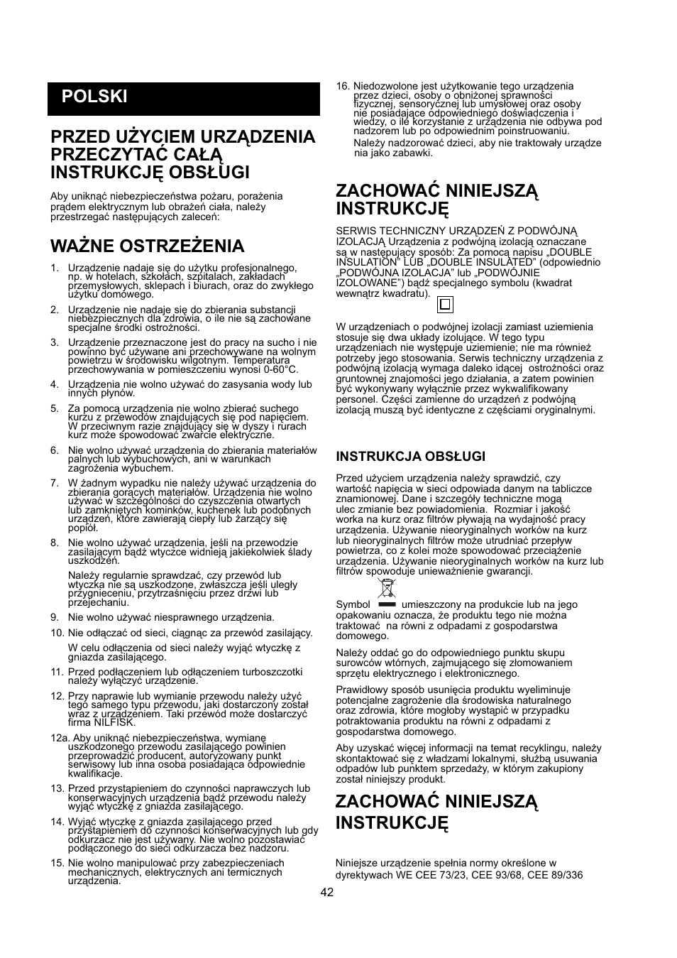 Ważne ostrzeżenia, Zachować niniejszą instrukcję | Nilfisk-ALTO GD 5 Back User Manual | Page 42 / 62