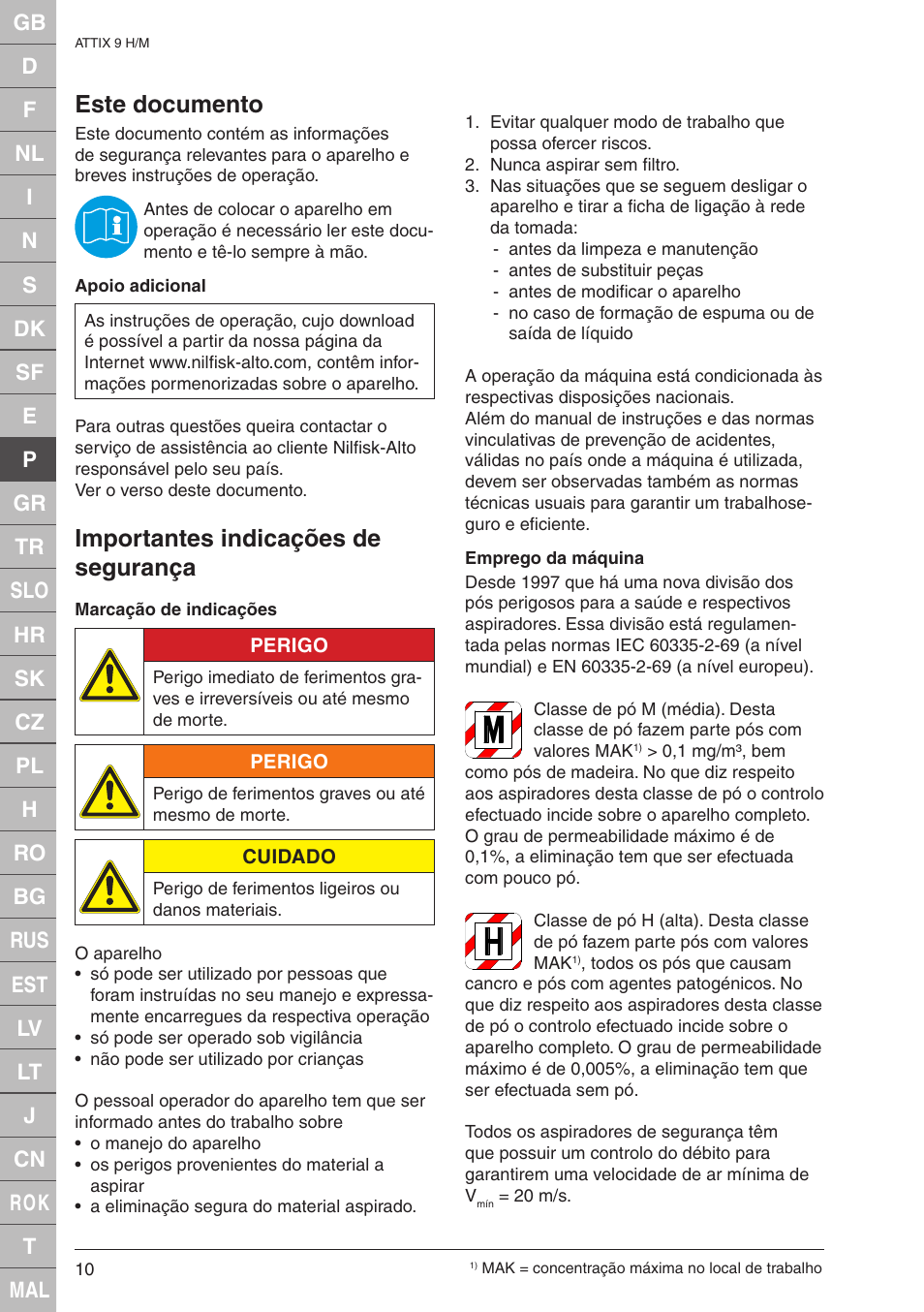 Este documento, Importantes indicações de segurança | Nilfisk-ALTO 965-0H/M SD XC User Manual | Page 10 / 38