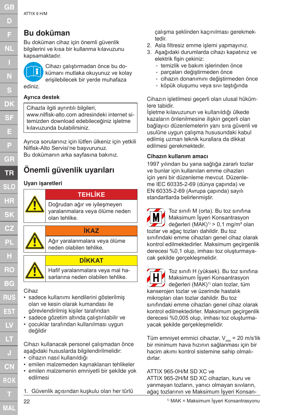 Bu doküman, Önemli güvenlik uyarýlarý | Nilfisk-ALTO 965-0H/M SD XC User Manual | Page 22 / 38
