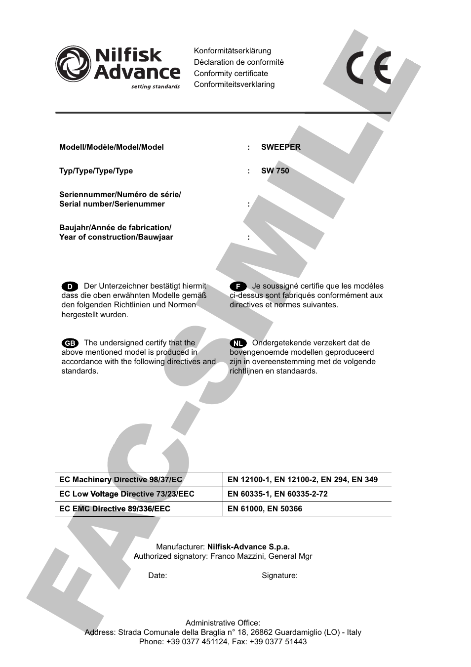 Fa c, Ac a c-simile le le c | Nilfisk-ALTO SW 750 User Manual | Page 2 / 76