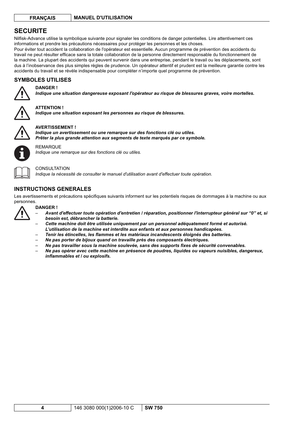 Securite | Nilfisk-ALTO SW 750 User Manual | Page 24 / 76