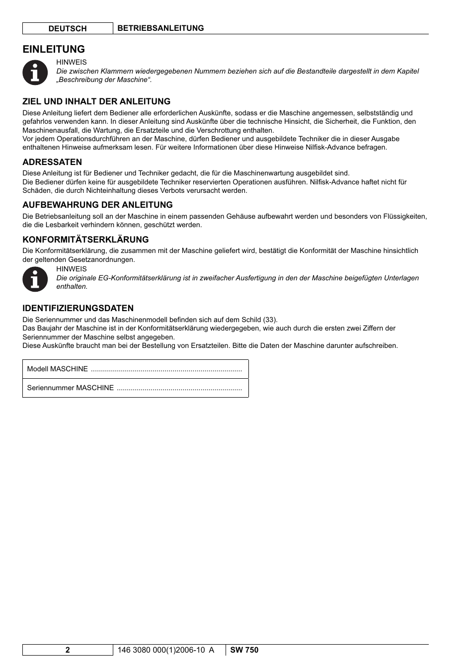 Einleitung | Nilfisk-ALTO SW 750 User Manual | Page 4 / 76