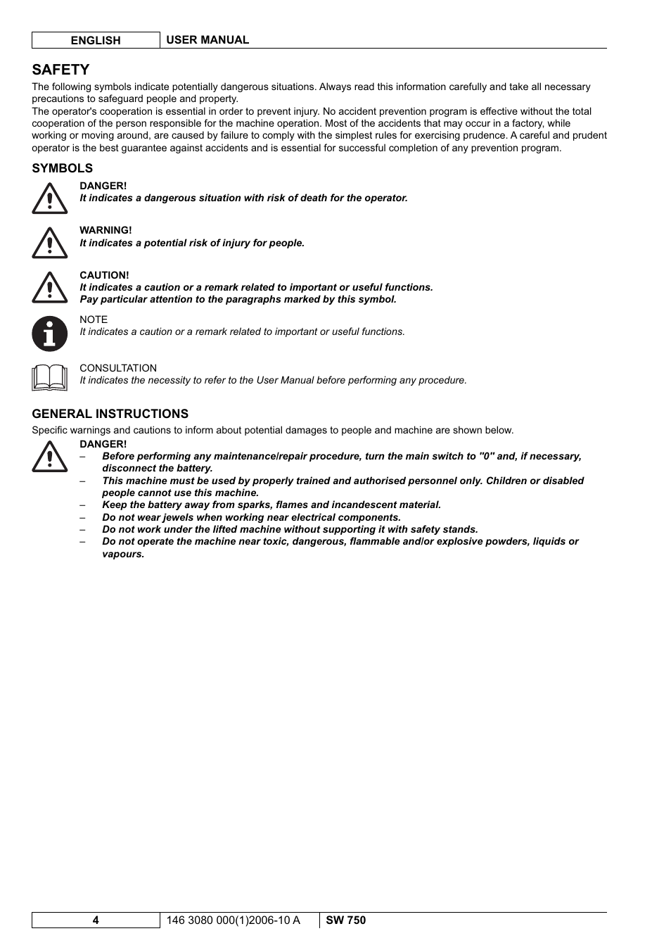 Safety | Nilfisk-ALTO SW 750 User Manual | Page 42 / 76