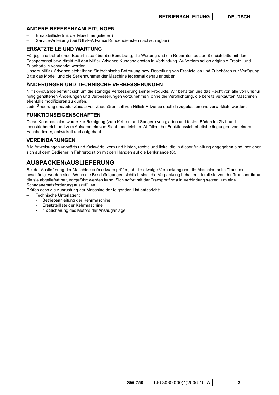 Auspacken/auslieferung | Nilfisk-ALTO SW 750 User Manual | Page 5 / 76