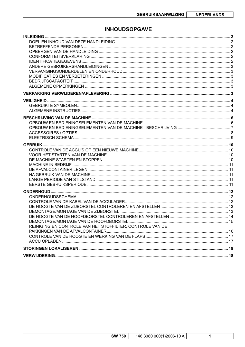 Inhoudsopgave | Nilfisk-ALTO SW 750 User Manual | Page 57 / 76