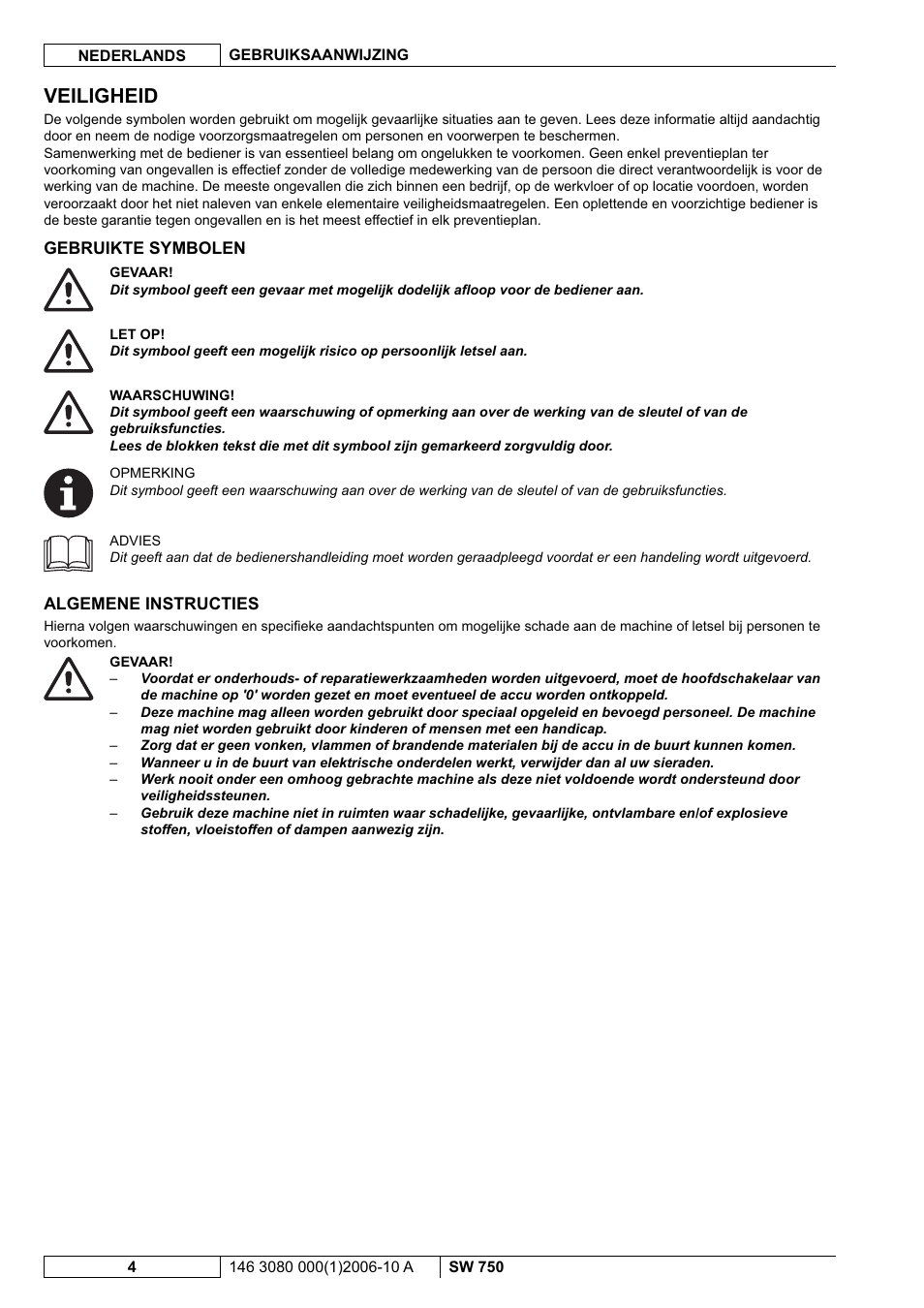 Veiligheid | Nilfisk-ALTO SW 750 User Manual | Page 60 / 76