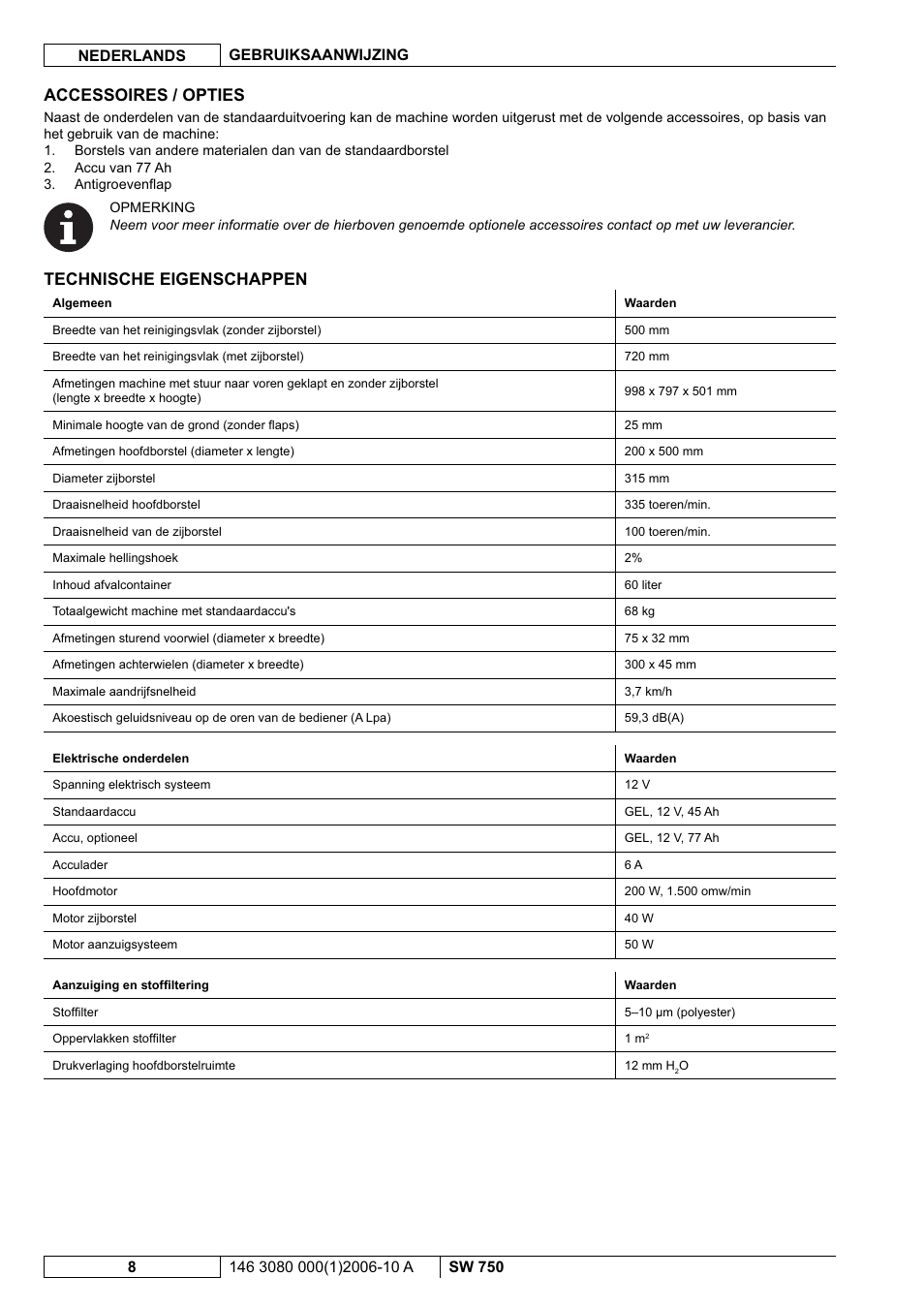 Accessoires / opties, Technische eigenschappen | Nilfisk-ALTO SW 750 User Manual | Page 64 / 76