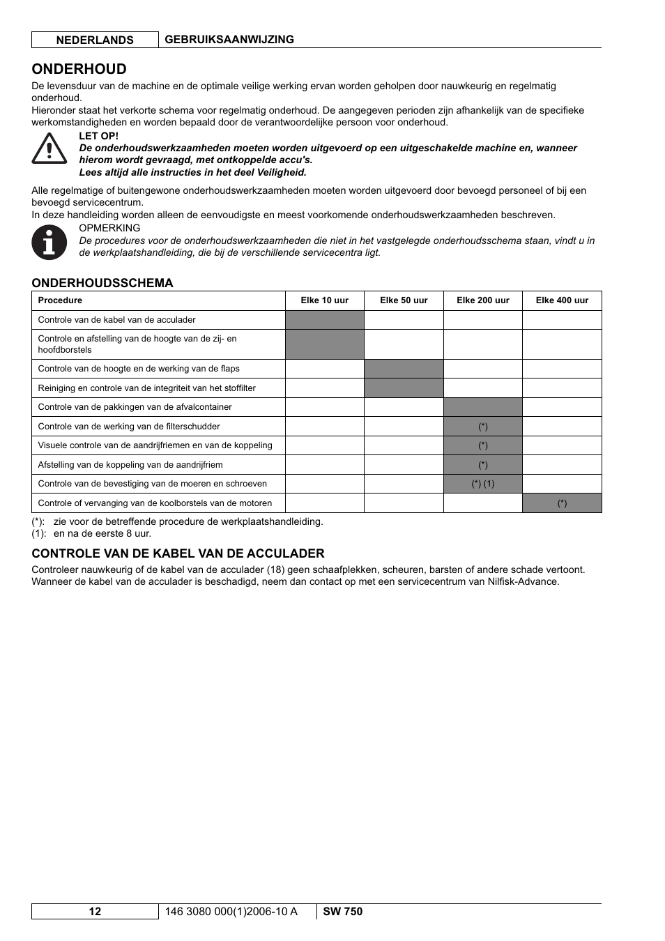 Onderhoud, Onderhoudsschema, Controle van de kabel van de acculader | Nilfisk-ALTO SW 750 User Manual | Page 68 / 76