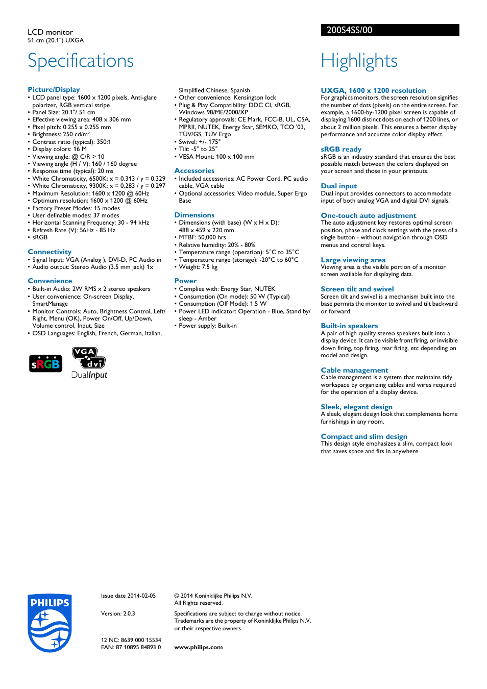 Specifications, Highlights | Philips LCD-Monitor User Manual | Page 2 / 2