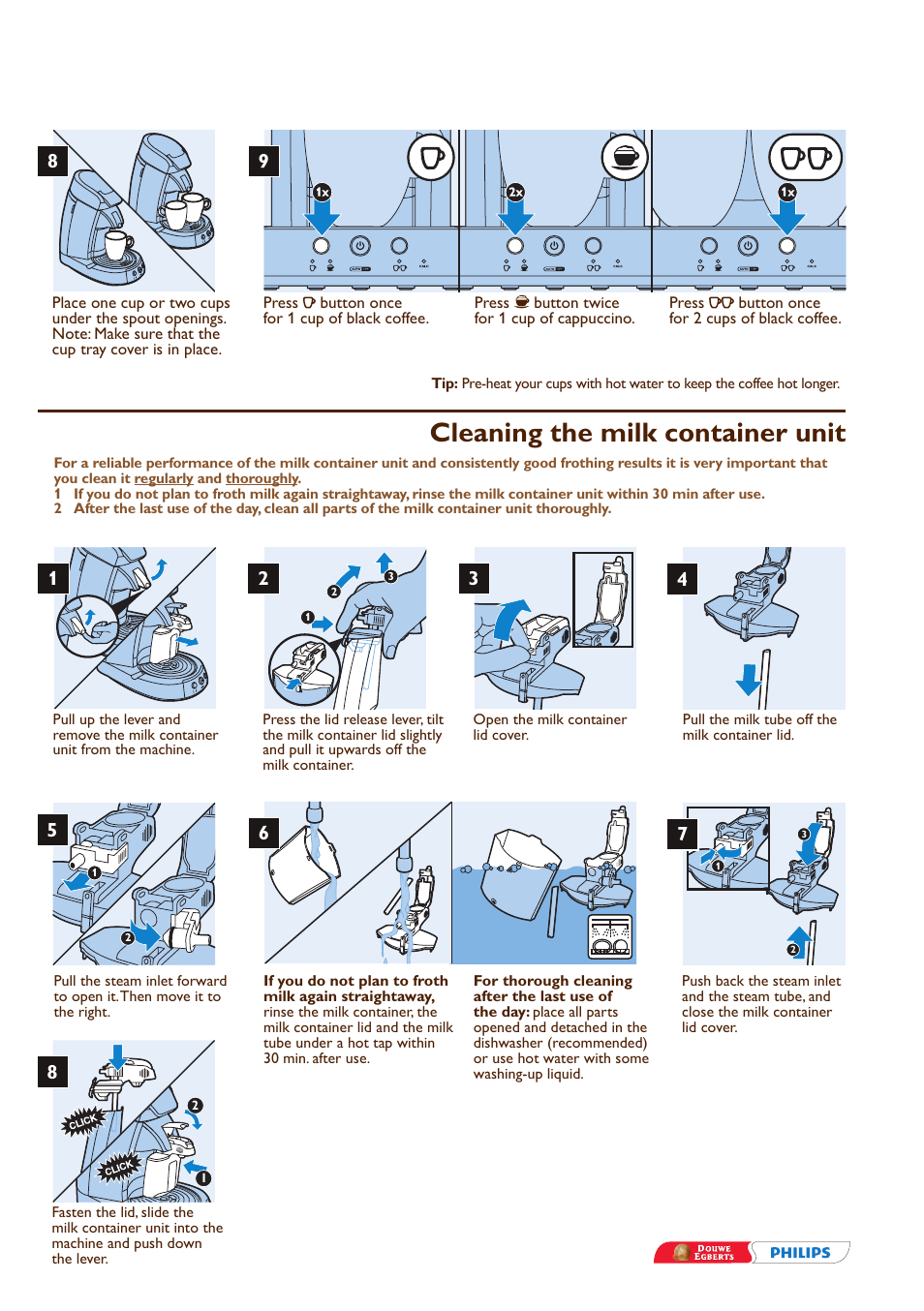 Cleaning the milk container unit | Philips SENSEO® Cappuccino Select Kaffeepadmaschine User Manual | Page 3 / 16