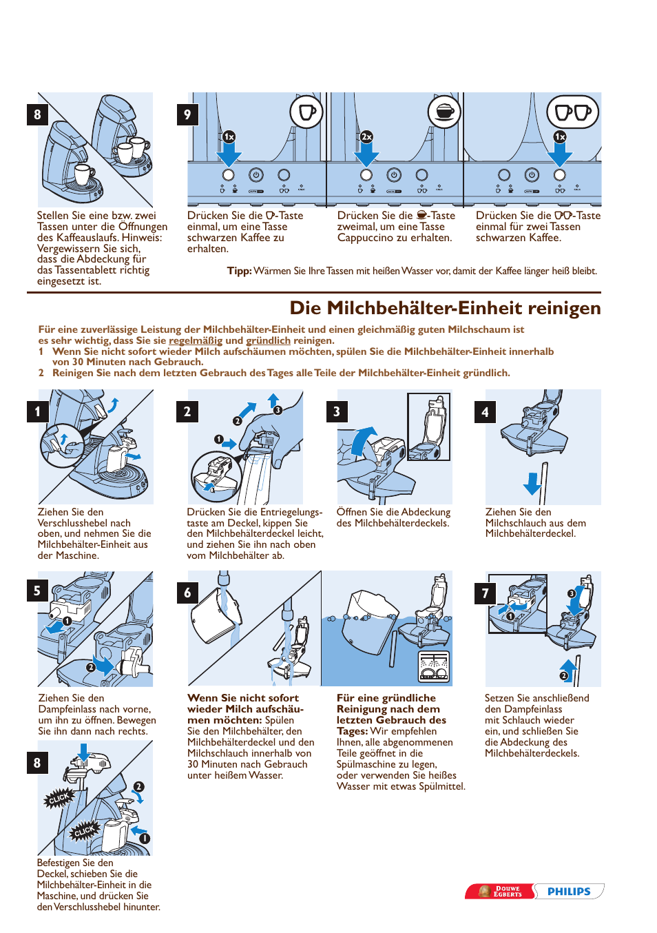 Die milchbehälter-einheit reinigen | Philips SENSEO® Cappuccino Select Kaffeepadmaschine User Manual | Page 7 / 16