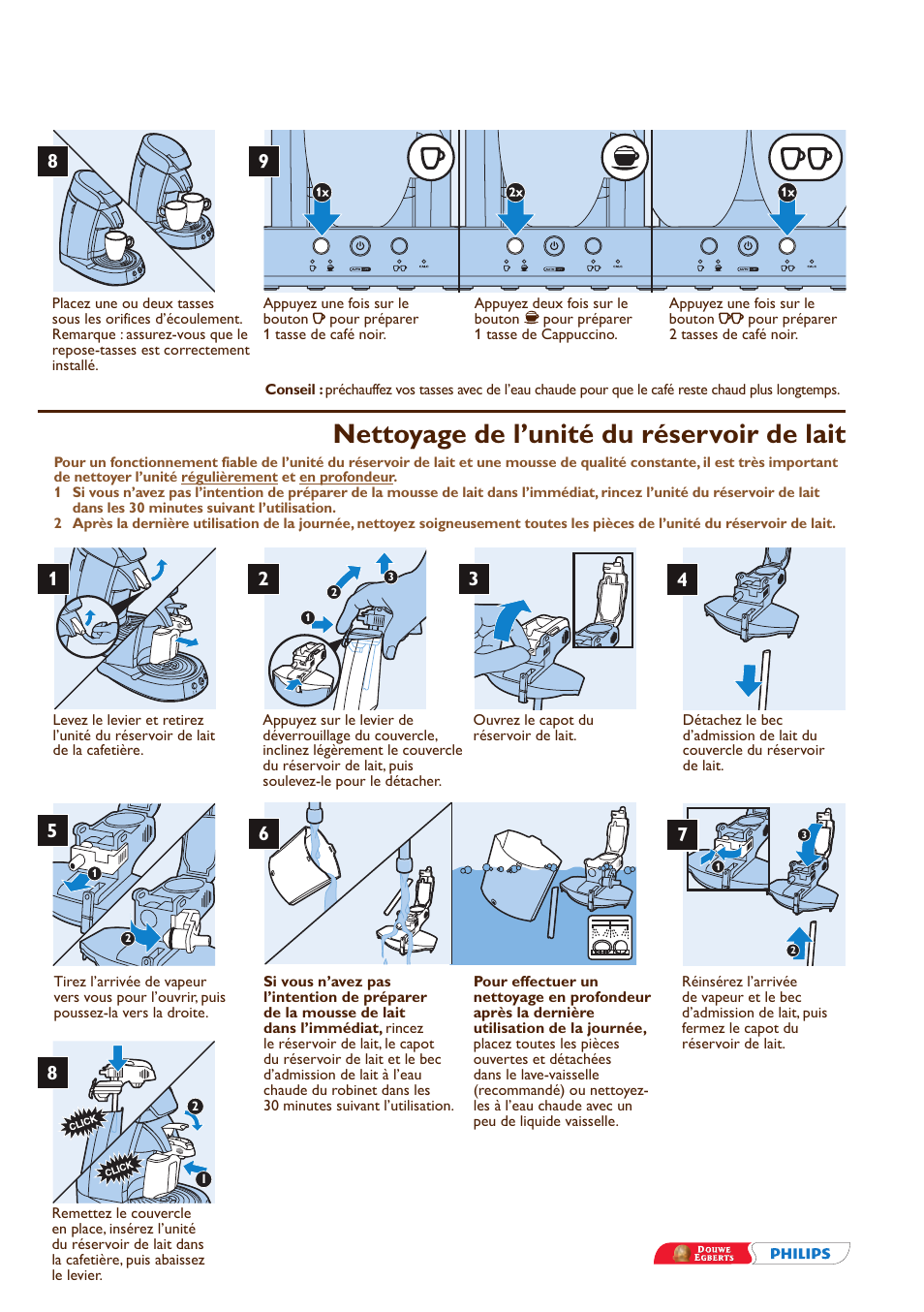 Nettoyage de l’unité du réservoir de lait | Philips SENSEO® Cappuccino Select Kaffeepadmaschine User Manual | Page 9 / 16