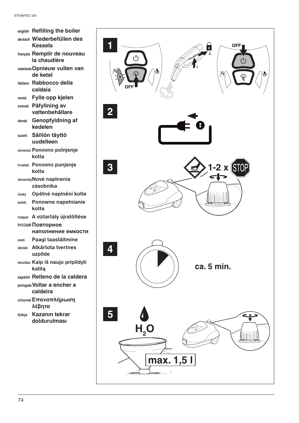 Max. 1,5 l, Ca. 5 min | Nilfisk-ALTO STEAMTEC 520 User Manual | Page 76 / 81