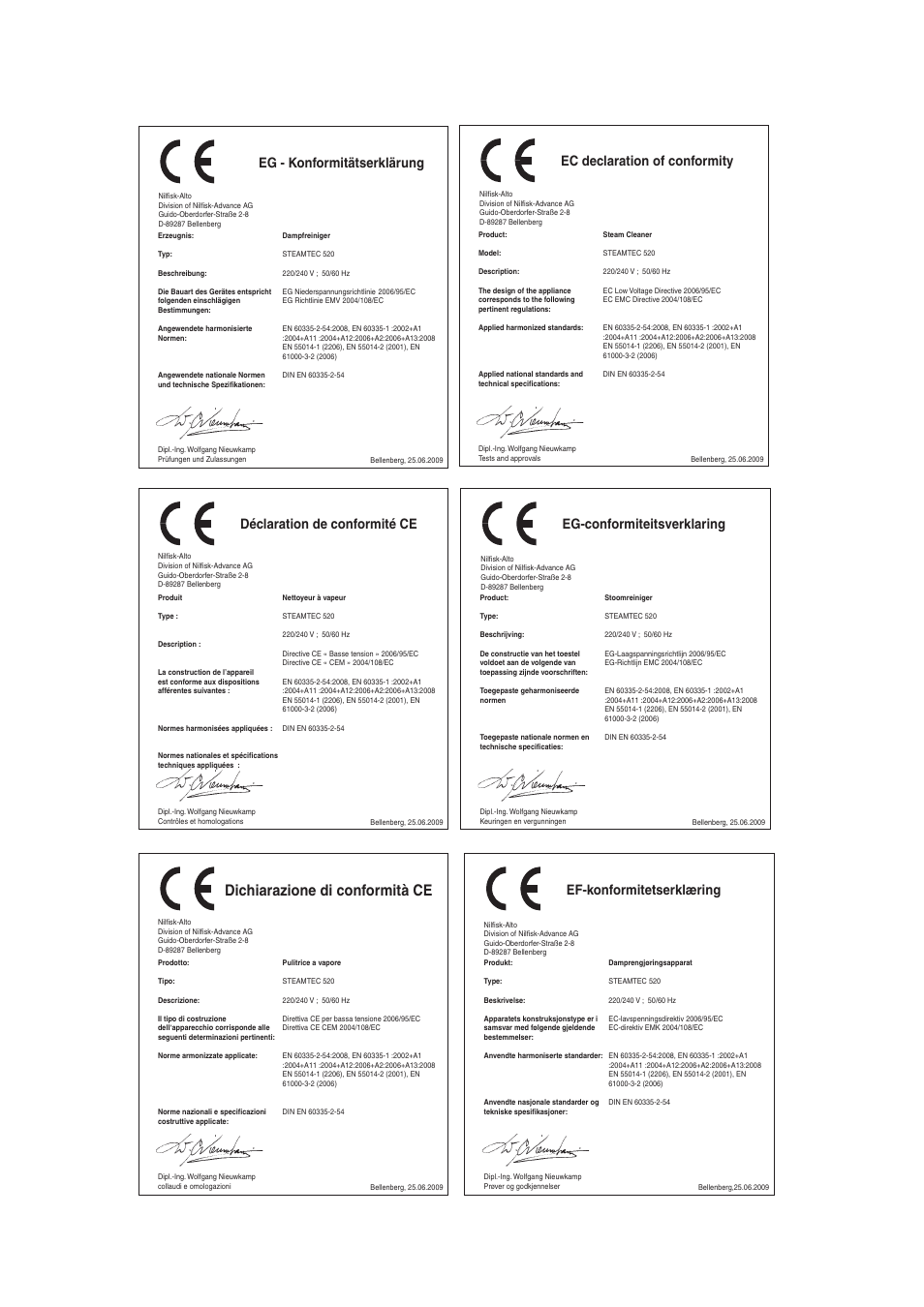 Dichiarazione di conformità ce, Eg - konformitätserklärung, Ec declaration of conformity | Déclaration de conformité ce, Eg-conformiteitsverklaring, Ef-konformitetserklæring | Nilfisk-ALTO STEAMTEC 520 User Manual | Page 78 / 81