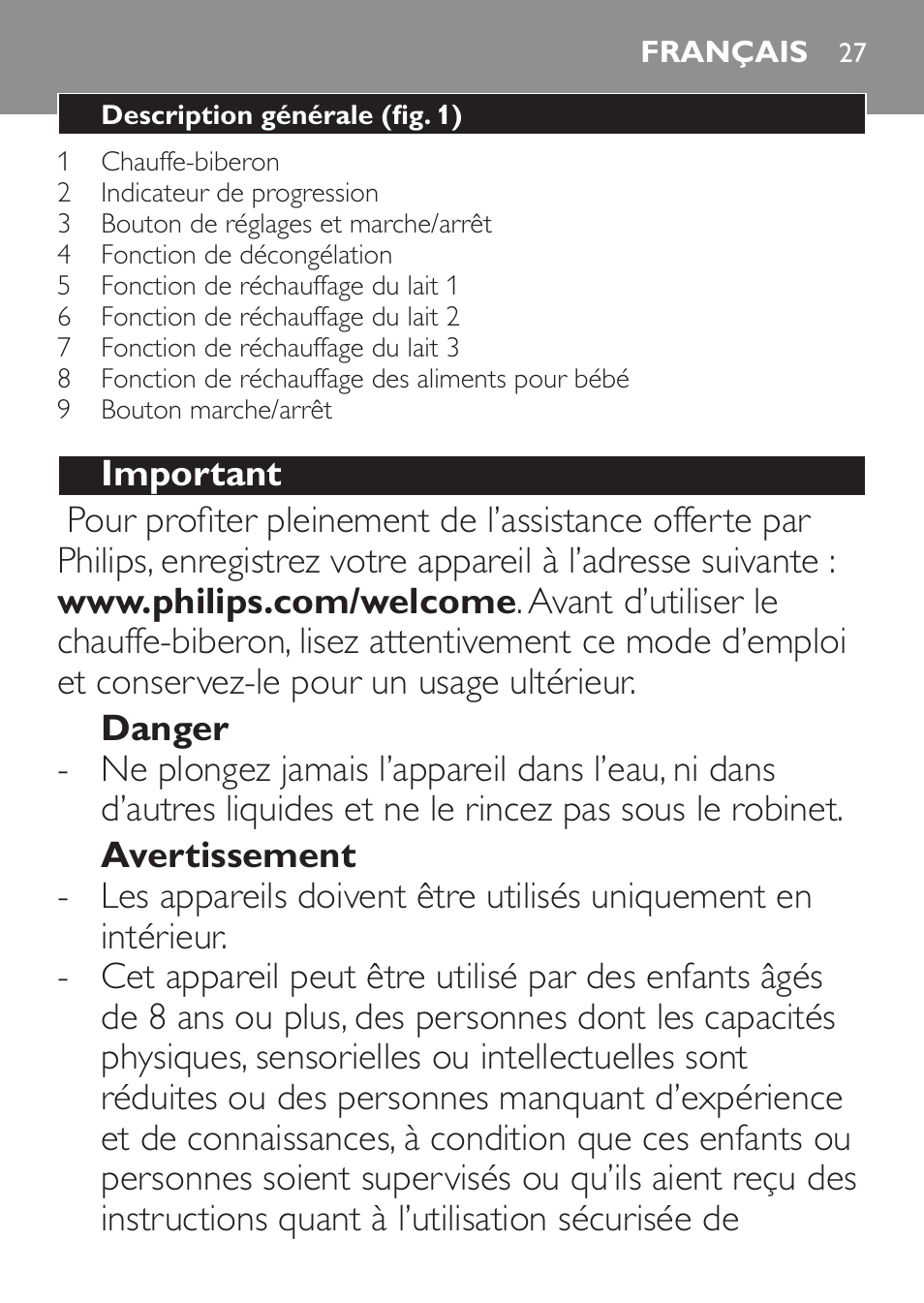 Français, Français 27 | Philips AVENT Baby-Fläschchenwärmer User Manual | Page 27 / 64