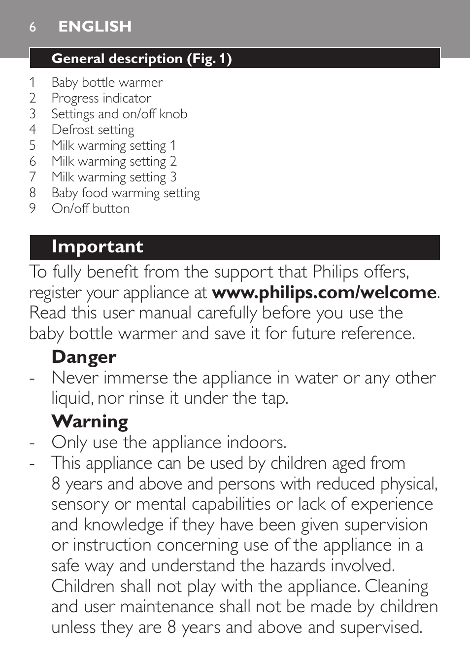 English, English 6 | Philips AVENT Baby-Fläschchenwärmer User Manual | Page 6 / 64