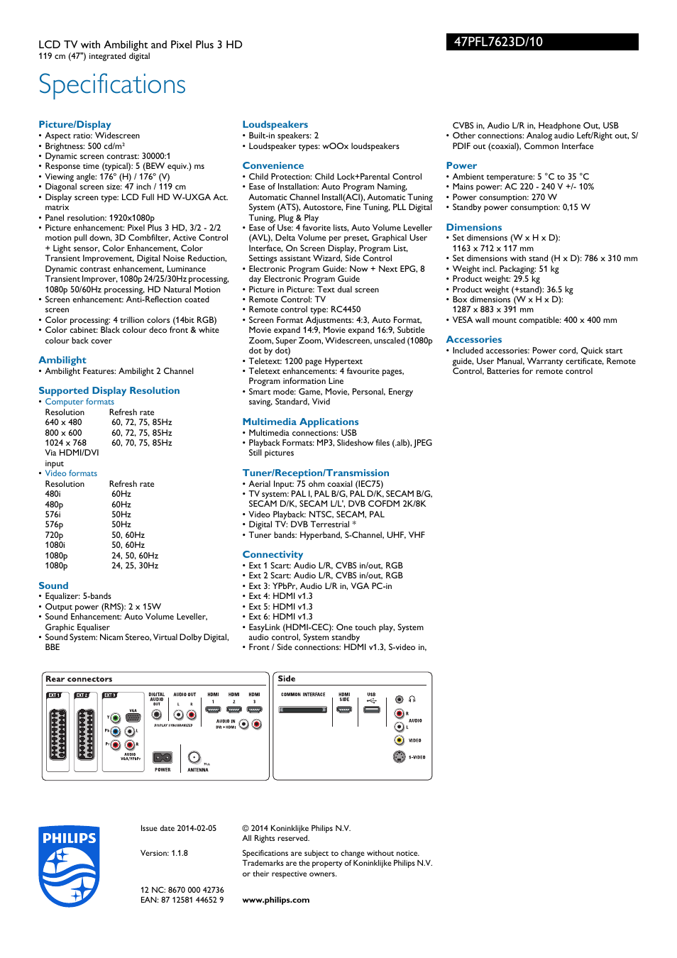 Specifications | Philips LCD-Fernsehgerät User Manual | Page 3 / 3