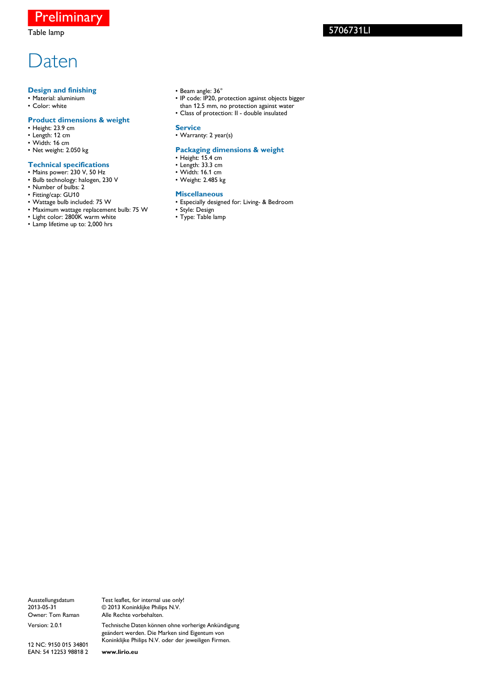 Daten, Preliminary | Philips Lirio Tischleuchte User Manual | Page 2 / 2