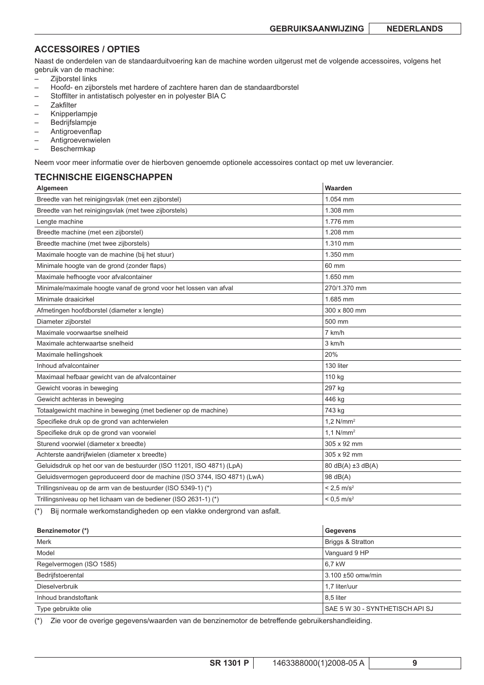 Accessoires / opties, Technische eigenschappen | Nilfisk-ALTO SR 1301 P User Manual | Page 107 / 132