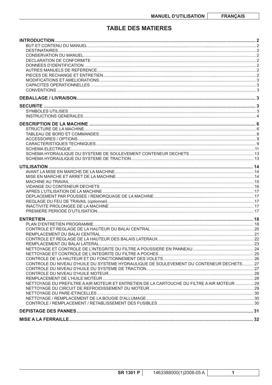 Table des matieres | Nilfisk-ALTO SR 1301 P User Manual | Page 35 / 132