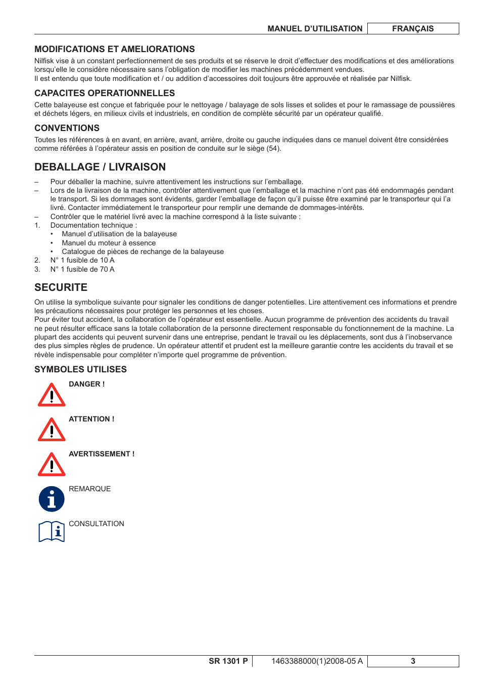 Deballage / livraison, Securite | Nilfisk-ALTO SR 1301 P User Manual | Page 37 / 132