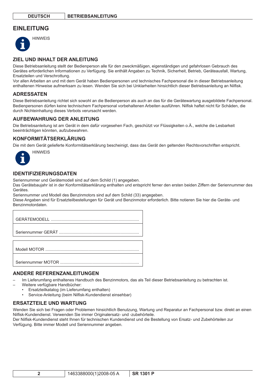 Einleitung | Nilfisk-ALTO SR 1301 P User Manual | Page 4 / 132