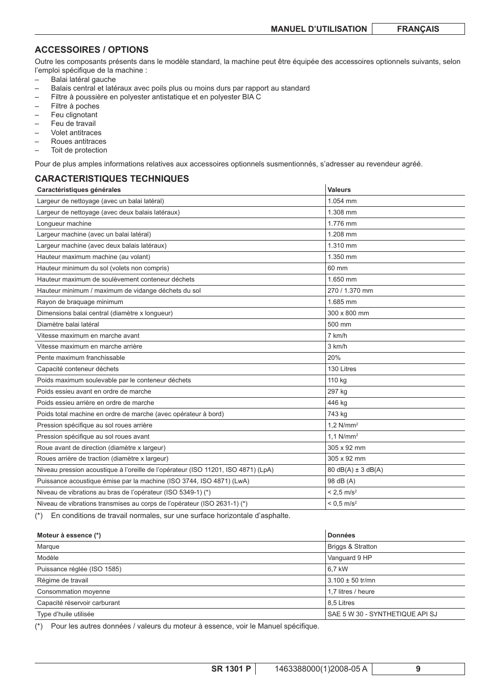 Accessoires / options, Caracteristiques techniques | Nilfisk-ALTO SR 1301 P User Manual | Page 43 / 132