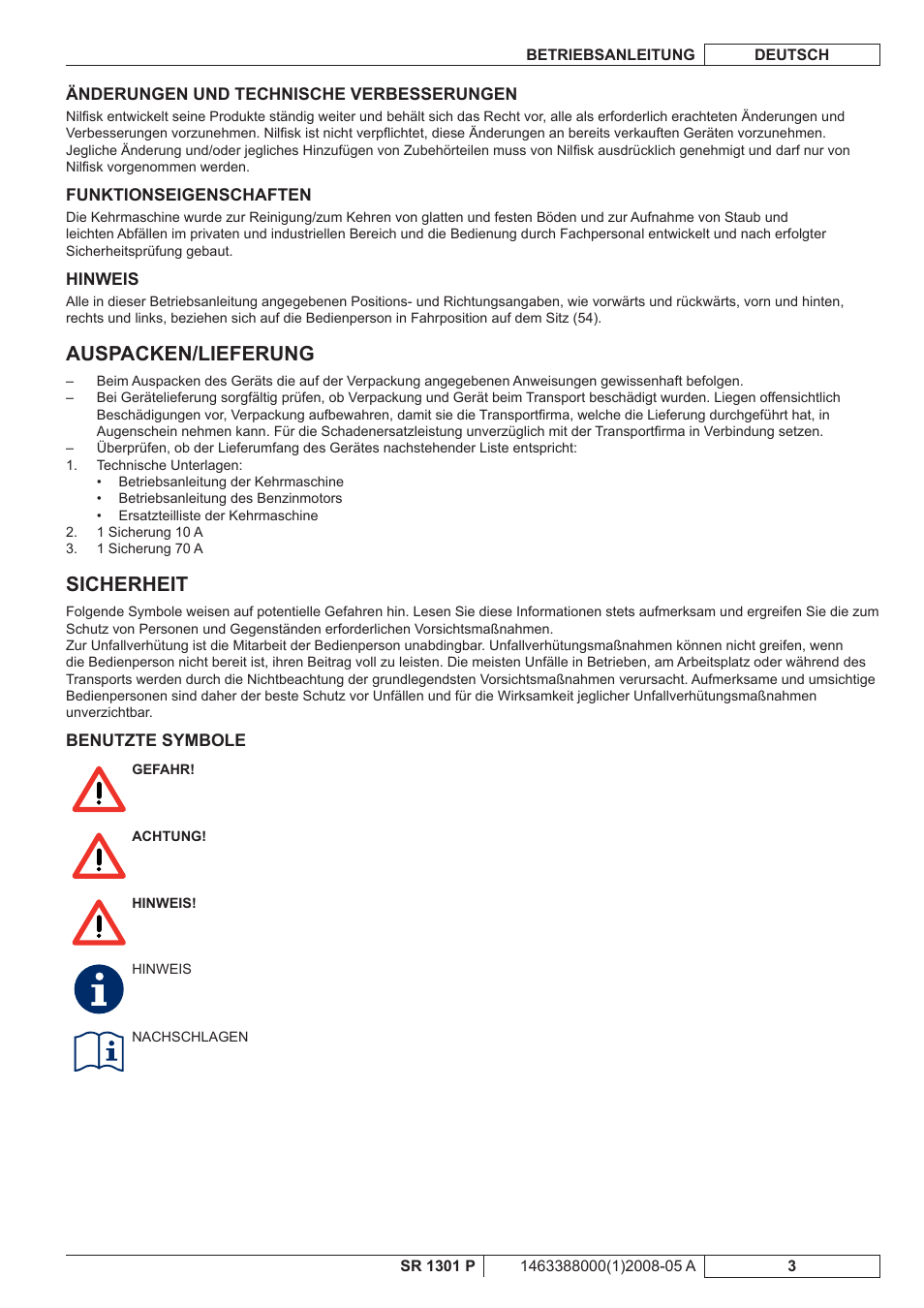 Auspacken/lieferung, Sicherheit | Nilfisk-ALTO SR 1301 P User Manual | Page 5 / 132