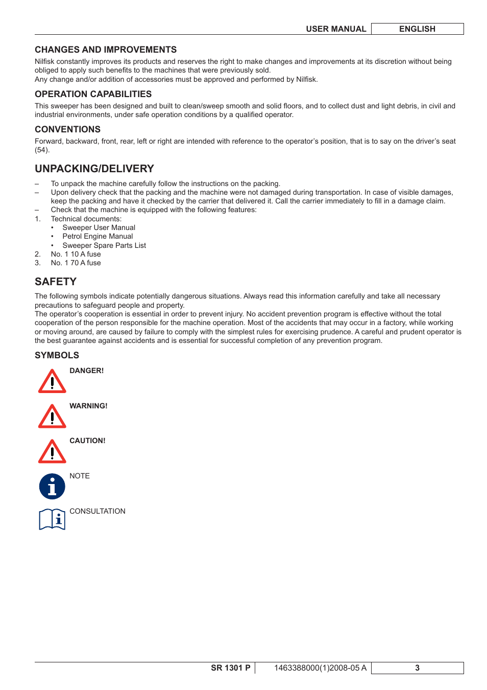 Unpacking/delivery, Safety | Nilfisk-ALTO SR 1301 P User Manual | Page 69 / 132