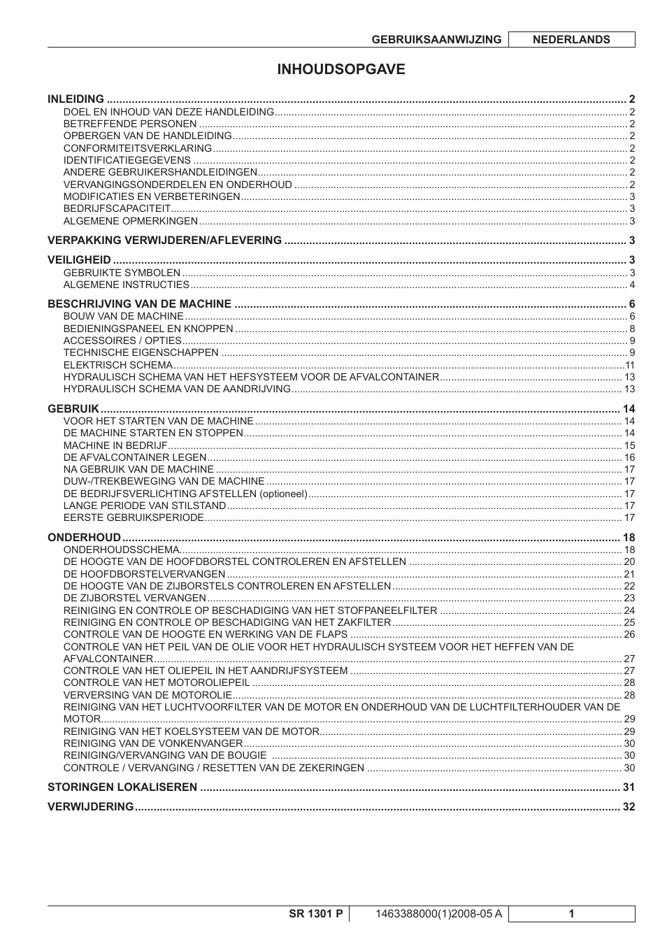 Inhoudsopgave | Nilfisk-ALTO SR 1301 P User Manual | Page 99 / 132