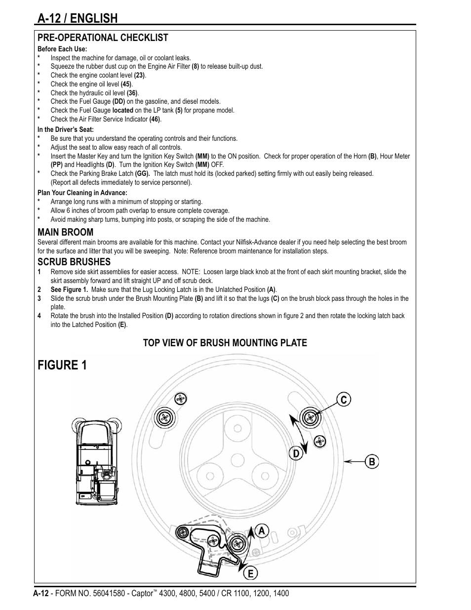 A-12 / english figure 1, Pre-operational checklist, Main broom | Scrub brushes, Top view of brush mounting plate | Nilfisk-ALTO Captor 4300 User Manual | Page 12 / 64