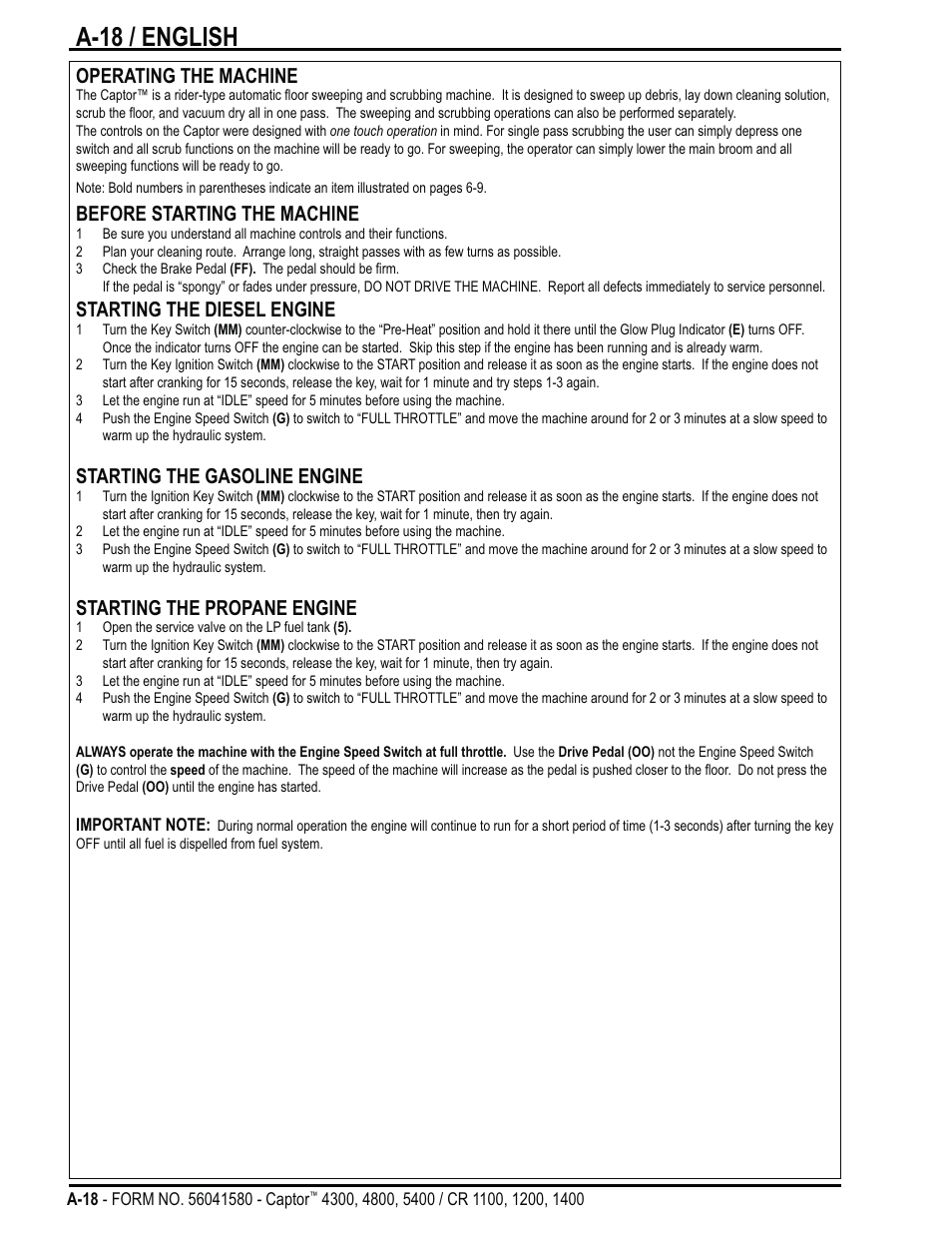 A-18 / english, Operating the machine, Before starting the machine | Starting the diesel engine, Starting the gasoline engine, Starting the propane engine | Nilfisk-ALTO Captor 4300 User Manual | Page 18 / 64