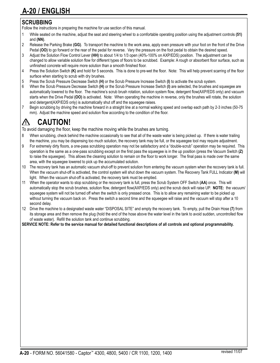 Caution, A-20 / english, Scrubbing | Nilfisk-ALTO Captor 4300 User Manual | Page 20 / 64