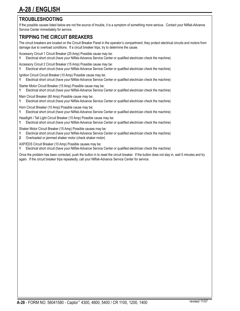 A-28 / english, Troubleshooting, Tripping the circuit breakers | Nilfisk-ALTO Captor 4300 User Manual | Page 28 / 64