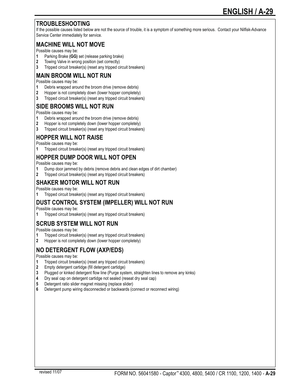 English / a-29, Troubleshooting, Machine will not move | Main broom will not run, Side brooms will not run, Hopper will not raise, Hopper dump door will not open, Shaker motor will not run, Dust control system (impeller) will not run, Scrub system will not run | Nilfisk-ALTO Captor 4300 User Manual | Page 29 / 64