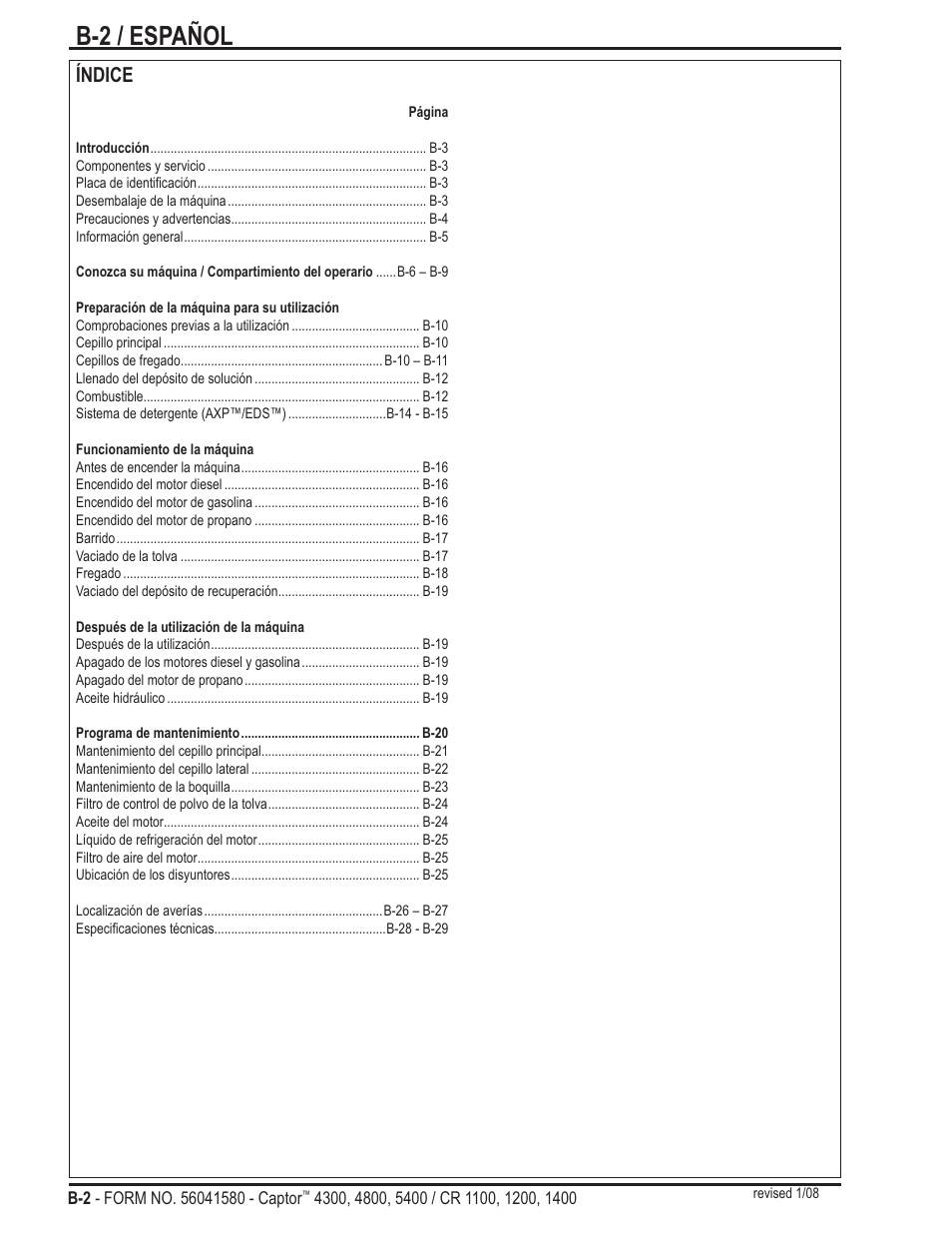 B-2 / español, Índice | Nilfisk-ALTO Captor 4300 User Manual | Page 32 / 64
