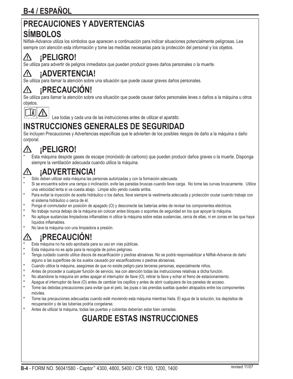 Precauciones y advertencias símbolos, Peligro, Advertencia | Precaución, Instrucciones generales de seguridad, Guarde estas instrucciones, B-4 / español | Nilfisk-ALTO Captor 4300 User Manual | Page 34 / 64