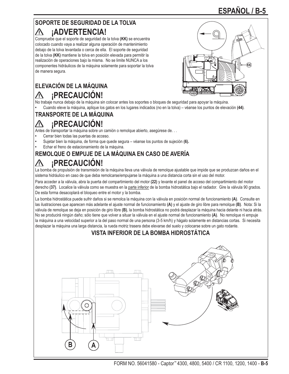 Advertencia, Precaución, Español / b-5 | Nilfisk-ALTO Captor 4300 User Manual | Page 35 / 64