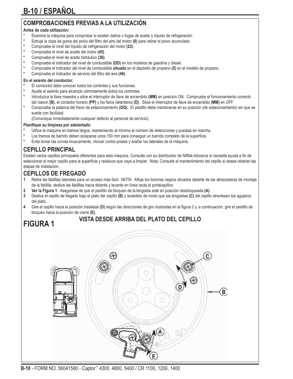 B-10 / español figura 1, Comprobaciones previas a la utilización, Cepillo principal | Cepillos de fregado, Vista desde arriba del plato del cepillo | Nilfisk-ALTO Captor 4300 User Manual | Page 40 / 64