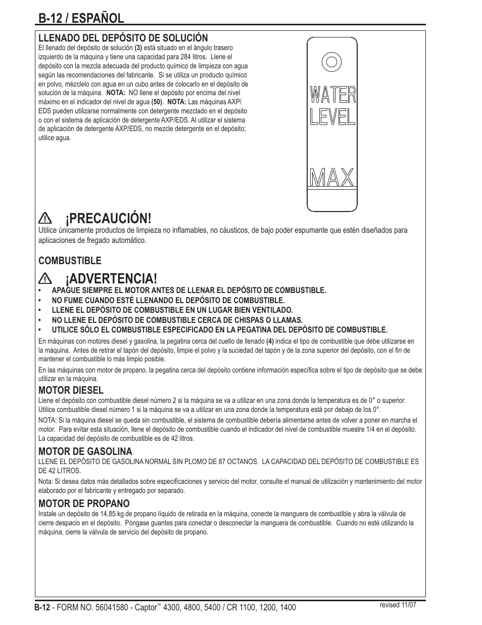 Precaución, Advertencia, B-12 / español | Nilfisk-ALTO Captor 4300 User Manual | Page 42 / 64
