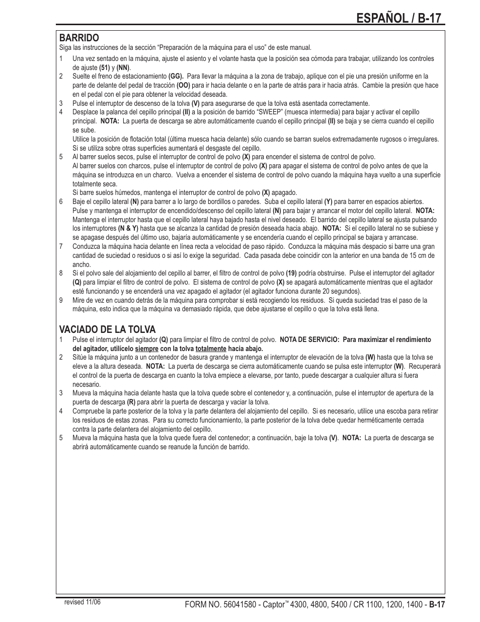 Español / b-17, Barrido, Vaciado de la tolva | Nilfisk-ALTO Captor 4300 User Manual | Page 47 / 64