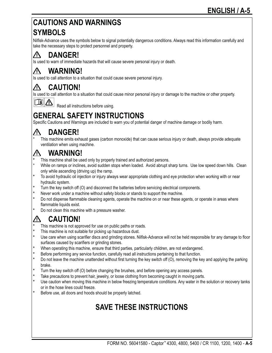 Cautions and warnings symbols, Danger, Warning | Caution, General safety instructions, Save these instructions, English / a-5 | Nilfisk-ALTO Captor 4300 User Manual | Page 5 / 64