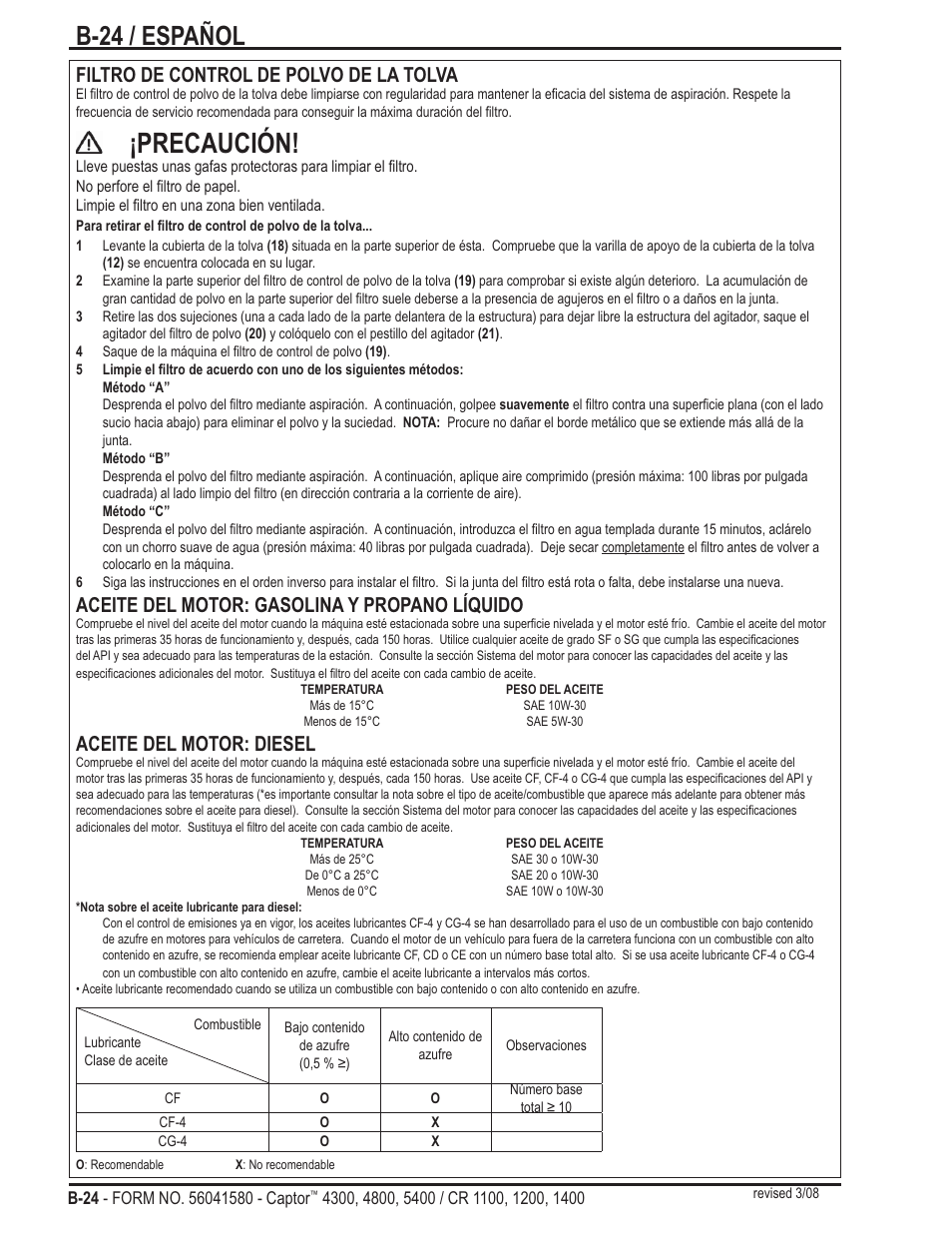 Precaución, B-24 / español, Filtro de control de polvo de la tolva | Aceite del motor: gasolina y propano líquido, Aceite del motor: diesel | Nilfisk-ALTO Captor 4300 User Manual | Page 54 / 64