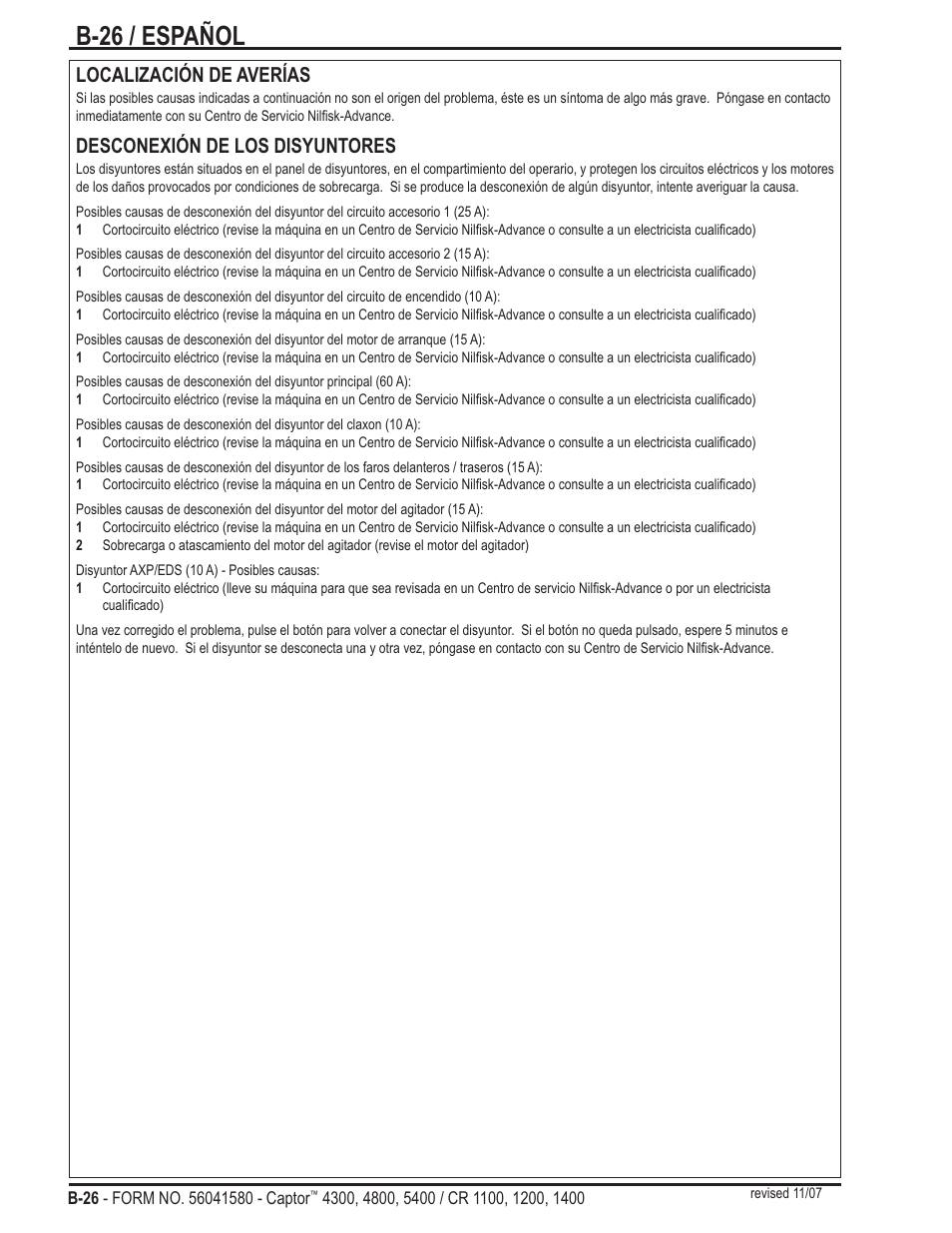 B-26 / español, Localización de averías, Desconexión de los disyuntores | Nilfisk-ALTO Captor 4300 User Manual | Page 56 / 64