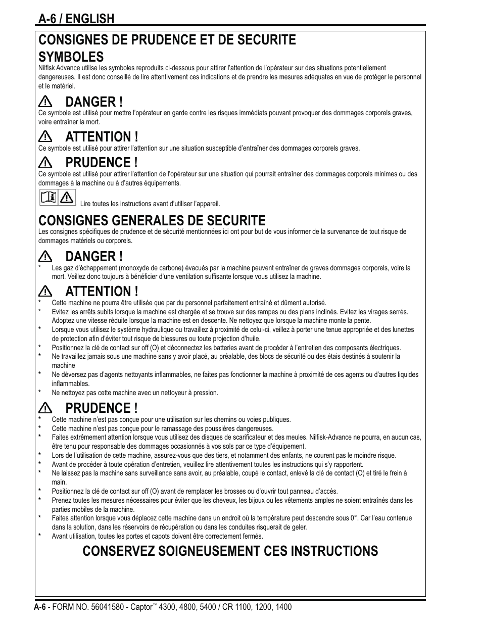 Consignes de prudence et de securite symboles, Danger, Attention | Prudence, Consignes generales de securite, Conservez soigneusement ces instructions, A-6 / english | Nilfisk-ALTO Captor 4300 User Manual | Page 6 / 64