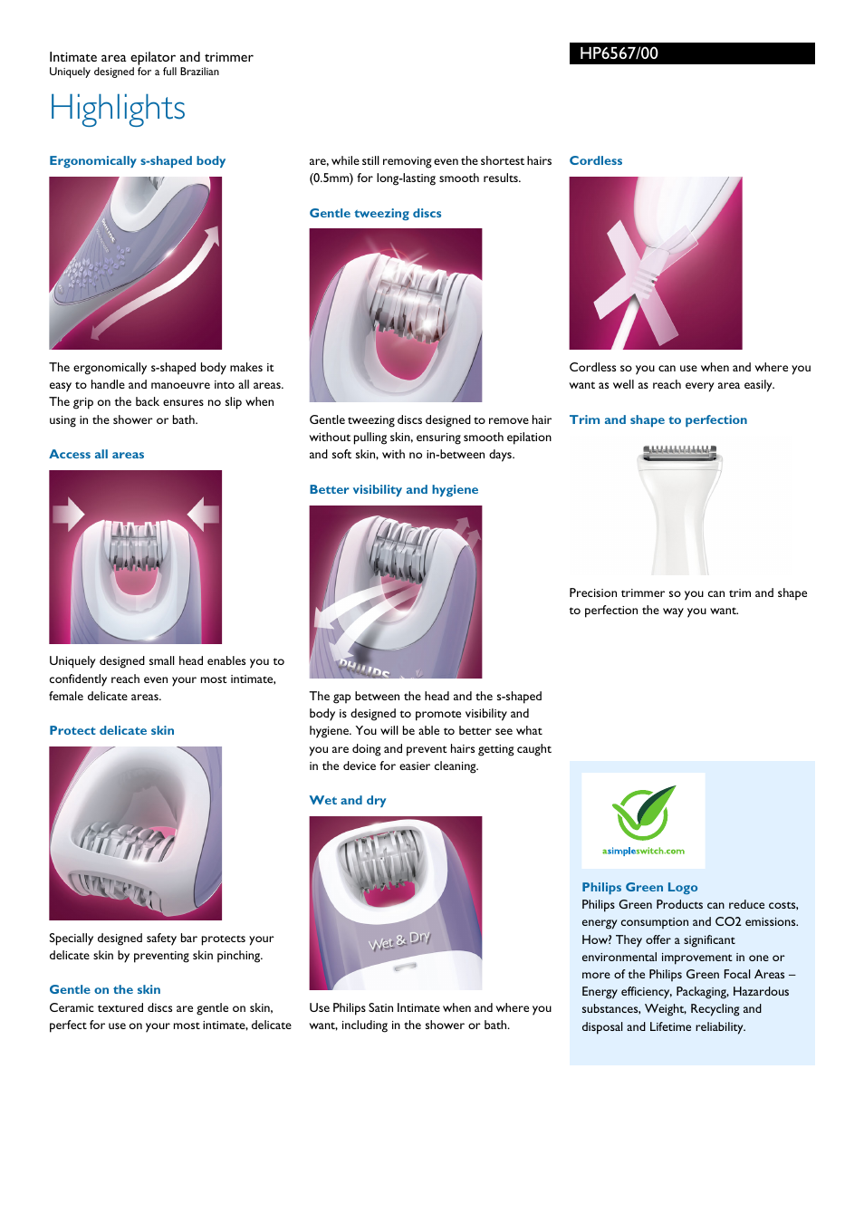 Highlights | Philips Satin Intimate Epilierer + Trimmer für d. Intimbereich User Manual | Page 2 / 3