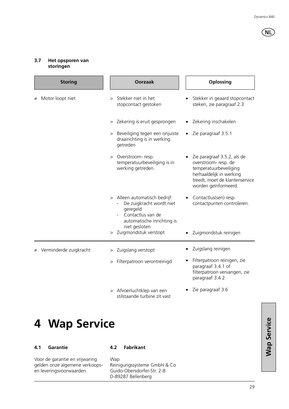 4 wap service, Wap service | Nilfisk-ALTO Dynamics 840 User Manual | Page 12 / 15