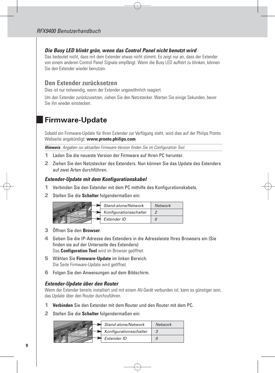 Firmware-update, Den extender zurücksetzen | Philips Pronto Wireless-Extender User Manual | Page 12 / 40